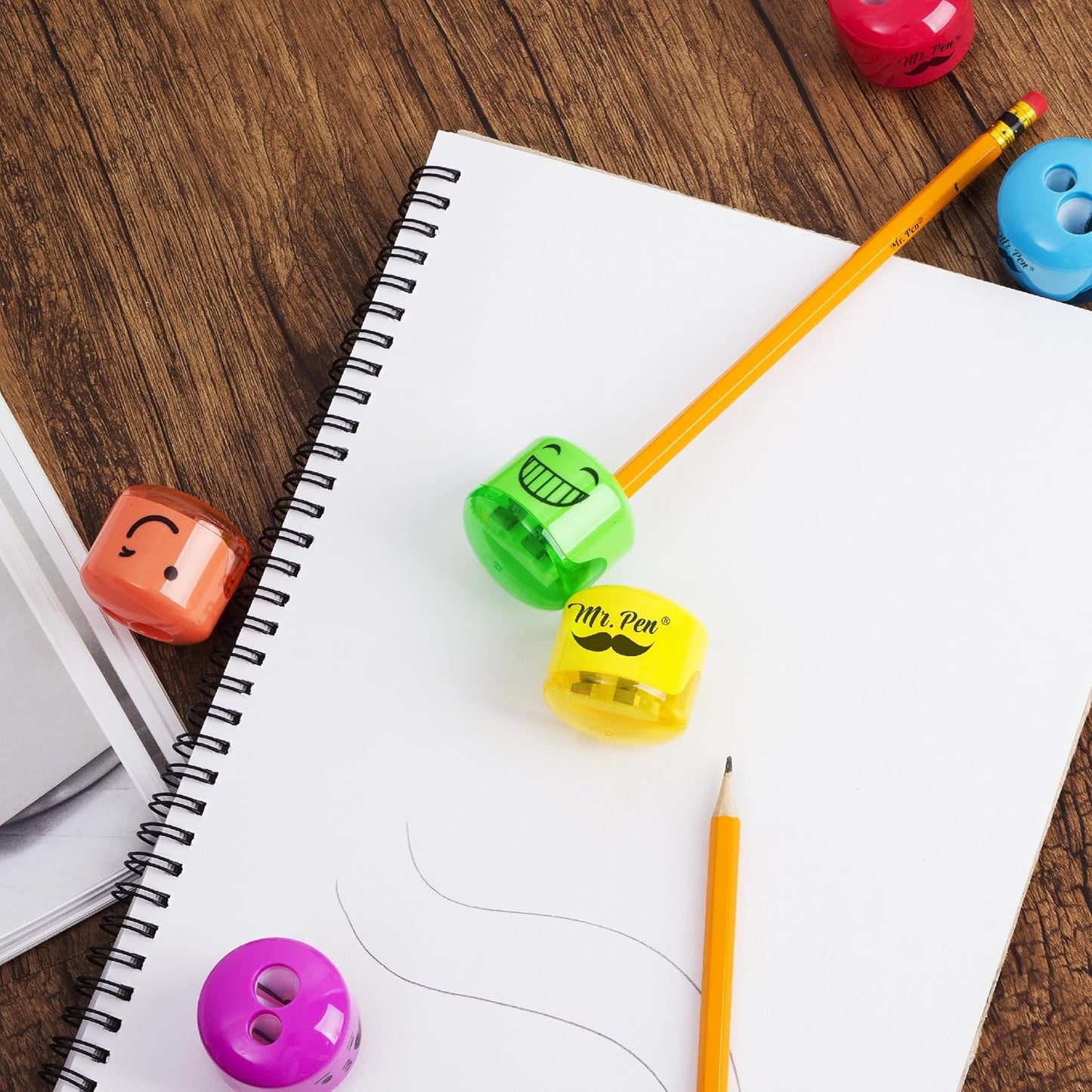Mr. Pen- Pencil Sharpeners Manual, 48 Pack, Dual Hole, Smiley, Bulk Handheld Pencil Sharpener, Compatible with Standard and Jumbo Pencils, Snap-on Lid, Stainless Steel Blade, Back to School Supplies