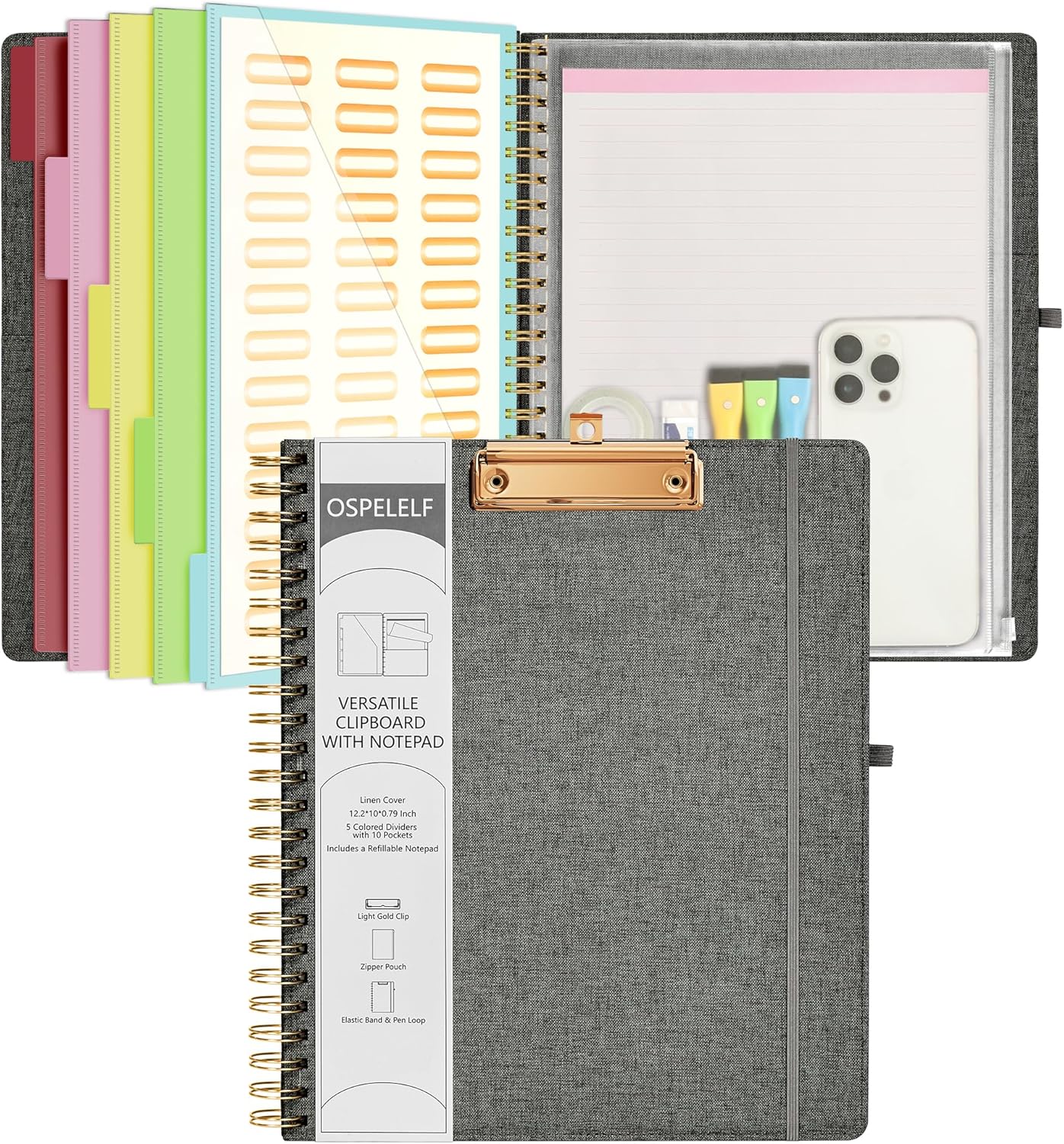 Ospelelf Foldable Spiral Clipboard Folio with Storage Zipper Pouch, 5 Plastic Folders with 10 Pockets,Refillable Lined Notepad (11" x 8.5"), Hardcover Project Organizer with 39 Stickers (Purple)