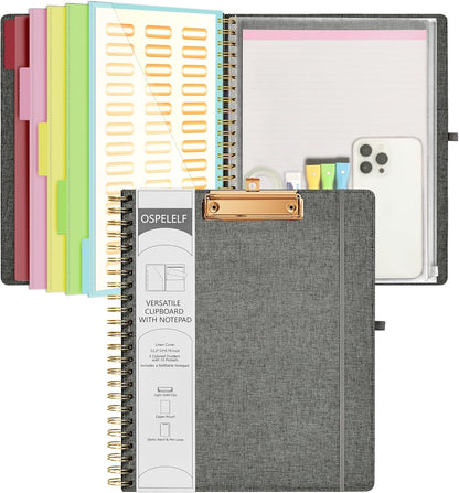 Ospelelf Foldable Spiral Clipboard Folio with Storage Zipper Pouch, 5 Plastic Folders with 10 Pockets,Refillable Lined Notepad (11" x 8.5"), Hardcover Project Organizer with 39 Stickers (Purple)