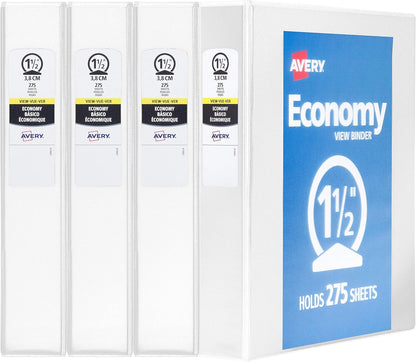 Avery Standard View 3 Ring Binders, 1.5" Round Rings, 275-Sheet Capacity, 2.1 Inch Wide Spine, White Binders, Ideal for Lightweight Organization and Occasional Referencing (4-Pack of 19201)