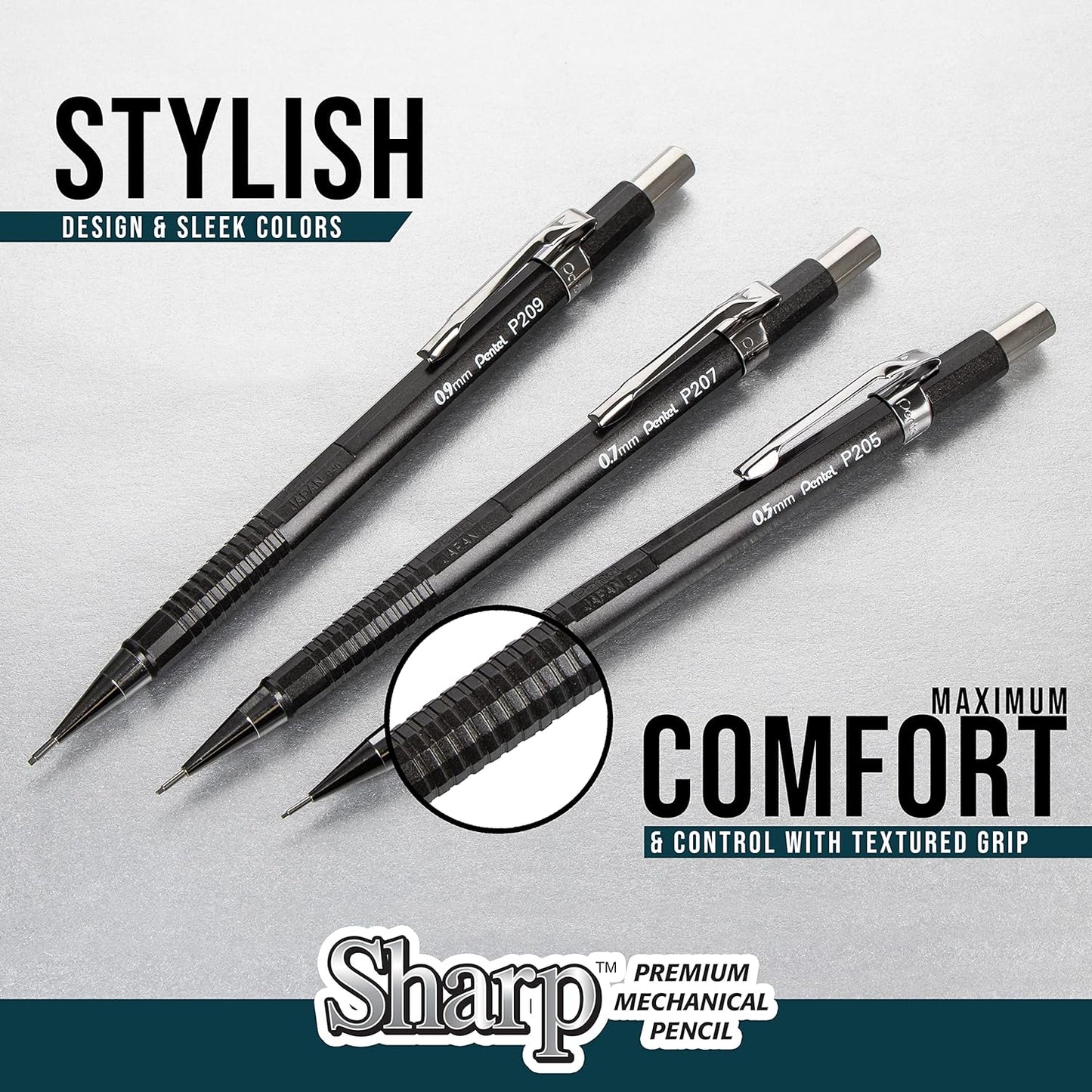 Pentel Sharp Mechanical Pencil (0.5mm), Fine Line, Black Barrel, Pack of 2 (P205BP2)