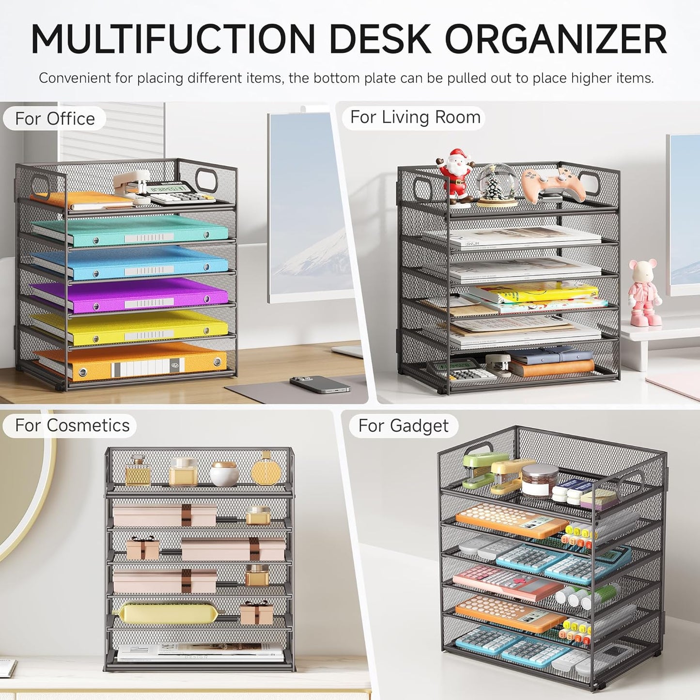 Lavatino 5 Tray Desk File Organizer, Black Mesh Paper Sorter Letter Tray Organizer with Handle, Desktop File Organizer and Storage for Letter/A4 Office File Folder