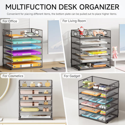 Lavatino 5 Tray Desk File Organizer, Black Mesh Paper Sorter Letter Tray Organizer with Handle, Desktop File Organizer and Storage for Letter/A4 Office File Folder