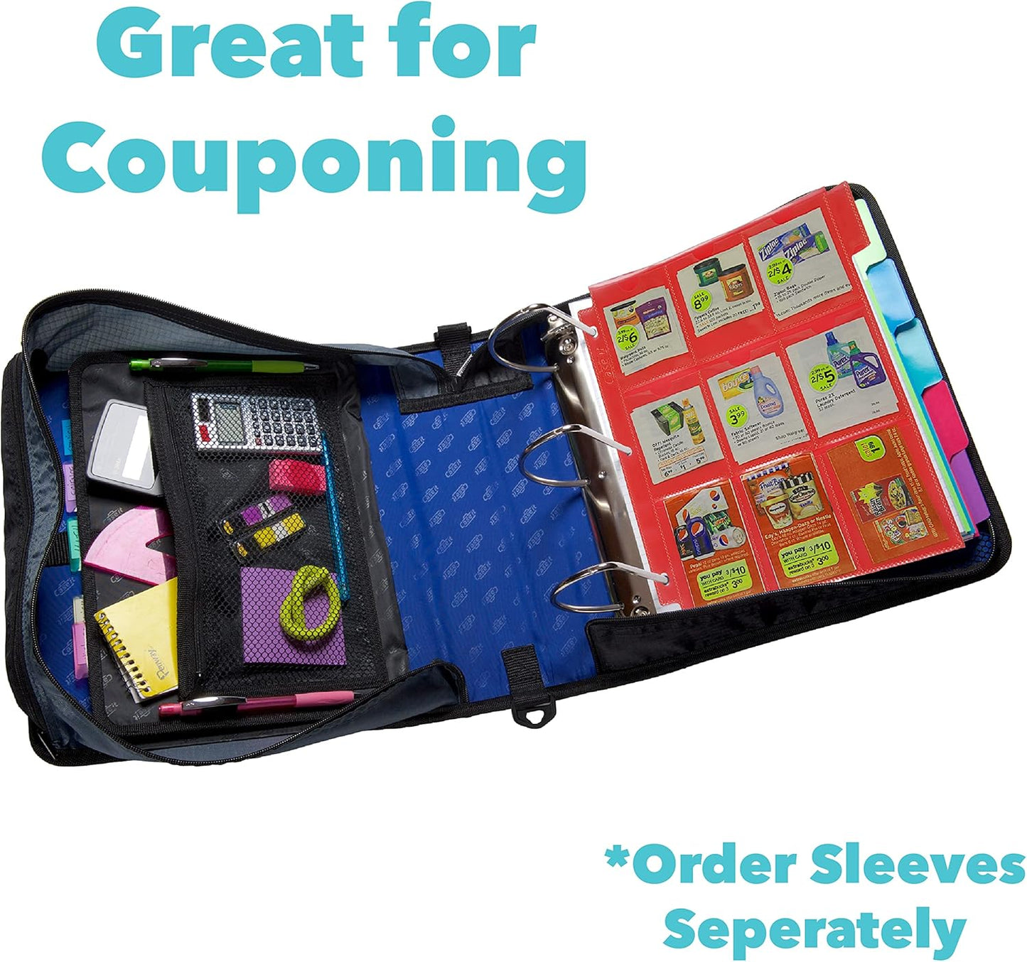 Case-it Mighty Zip Tab School Zipper Binder | 3-Inch O-Rings, 600-Sheet Capacity, 5-Subject Expanding File Folder, Multiple Pockets & Storage Organizer, Shoulder Strap | D-146 Jet Black
