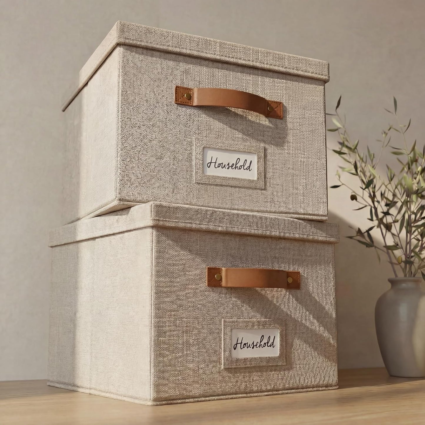 ZICOTO Decorative File Organizer Box Set of 2 - Collapsible Linen Filing Cabinets with Handles Are Perfect to Store All Your Documents & Hanging File Folders - Portable Easy Slide Crates with Lid