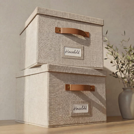 ZICOTO Decorative File Organizer Box Set of 2 - Collapsible Linen Filing Cabinets with Handles Are Perfect to Store All Your Documents & Hanging File Folders - Portable Easy Slide Crates with Lid
