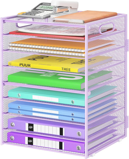 Cawukege 9 Tier Paper Organizer with Handle, Black Large Capacity Desk Organizer Mesh File Folder Letter Paper Tray Desktop Document Sorter for Classroom, School, and Office Accessories Organization