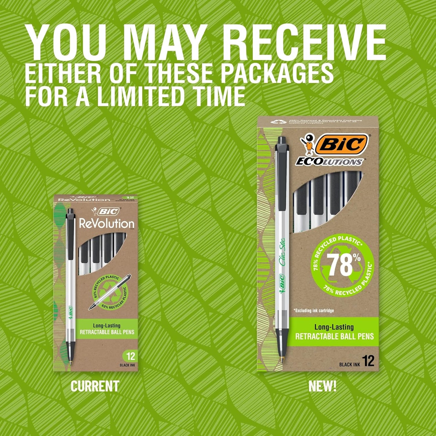 BIC Ecolutions Clic Stic Black Ballpoint Pens, Medium Point (1.0mm), 12-Count Pack, Retractable Ball Point Pens Made from 78% Recycled Plastic