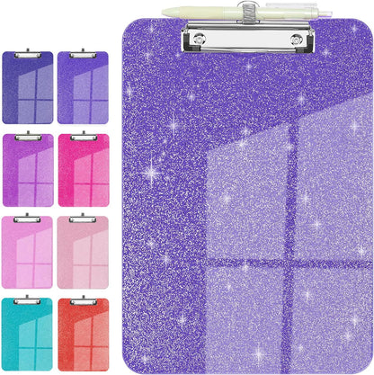 Sparkly Clipboard with Pen Holder, Clear Plastic Glitter Clip Board, Hanging Shiny Clipboards with Low Profile Metal Clip, Letter A4 Size for Taecher Women Office School (Rose Pink)