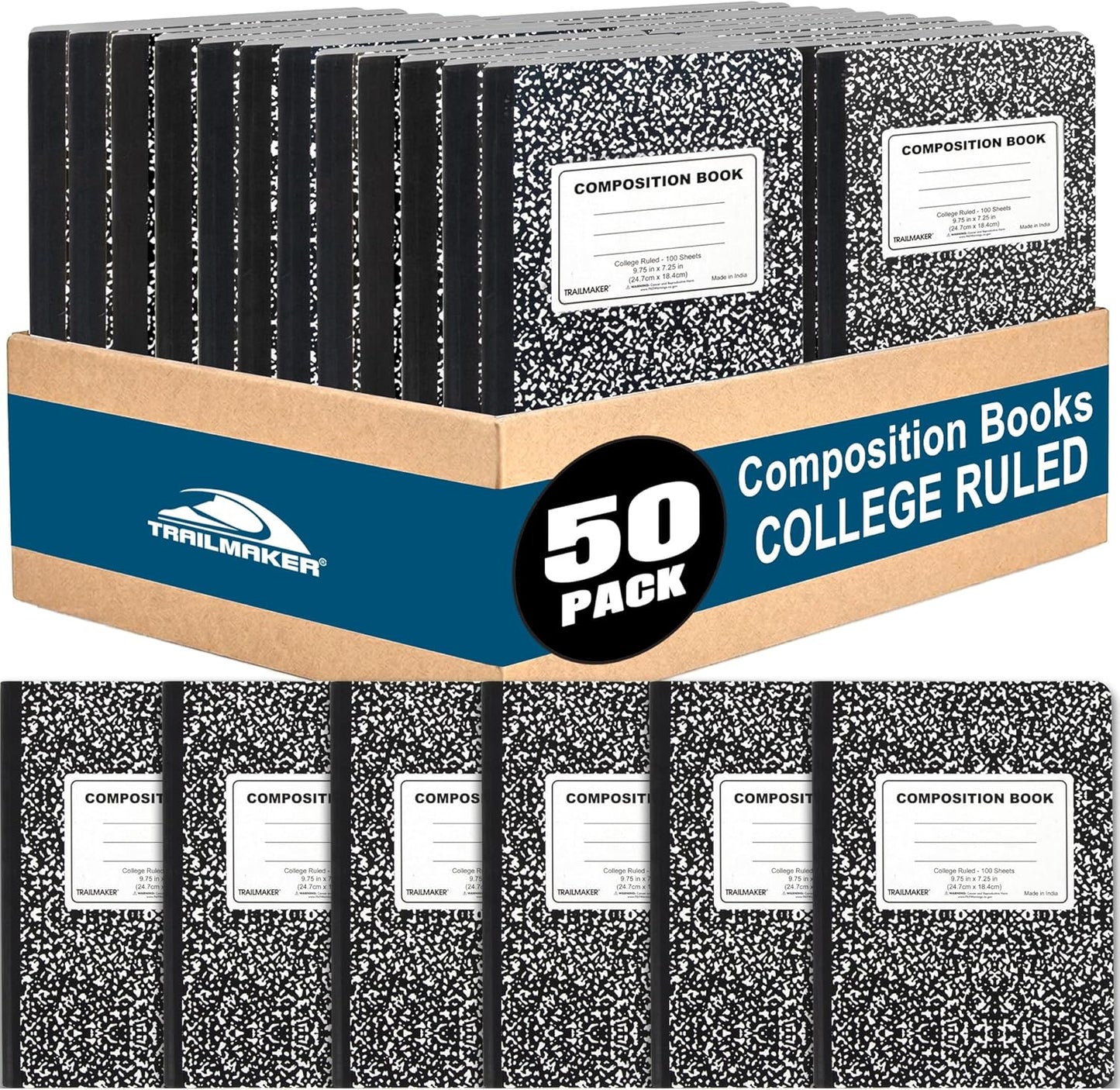 Trail maker Bulk Composition Notebooks (50 Pack), College Ruled Marble Cover, 200 Pages (100 Sheets), 9.75 x 7.5, Bulk School Supplies for Classroom, Office & School Donations