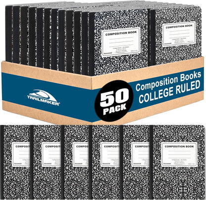 Trail maker Bulk Composition Notebooks (50 Pack), College Ruled Marble Cover, 200 Pages (100 Sheets), 9.75 x 7.5, Bulk School Supplies for Classroom, Office & School Donations
