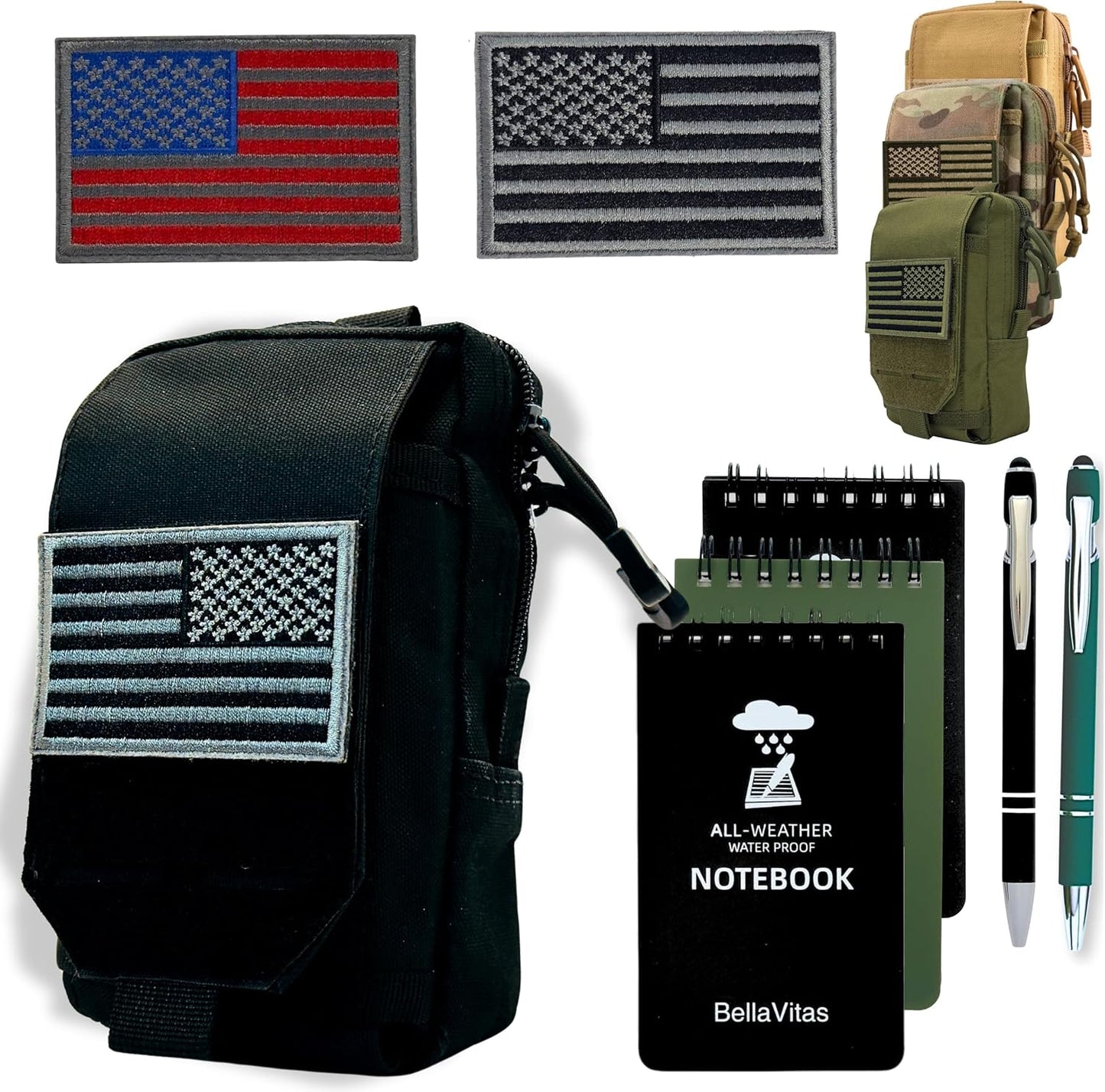 Tactical Molle Pouch Small Notebook Cover EDC Utility Bag Tool Pouch Gadget Organizer Military Waist Bag with US Flag Patch, 3”x5” Waterproof Notepad Pocket Notebook and Weatherproof Pen