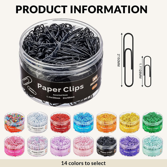 NEEWAY 450pcs Paper Clips Assorted Sizes, Small and Large Paper Clips (1.1 inch, 2 inch), Coated Paperclips for Office School Document Organizing (Light Multicolor)