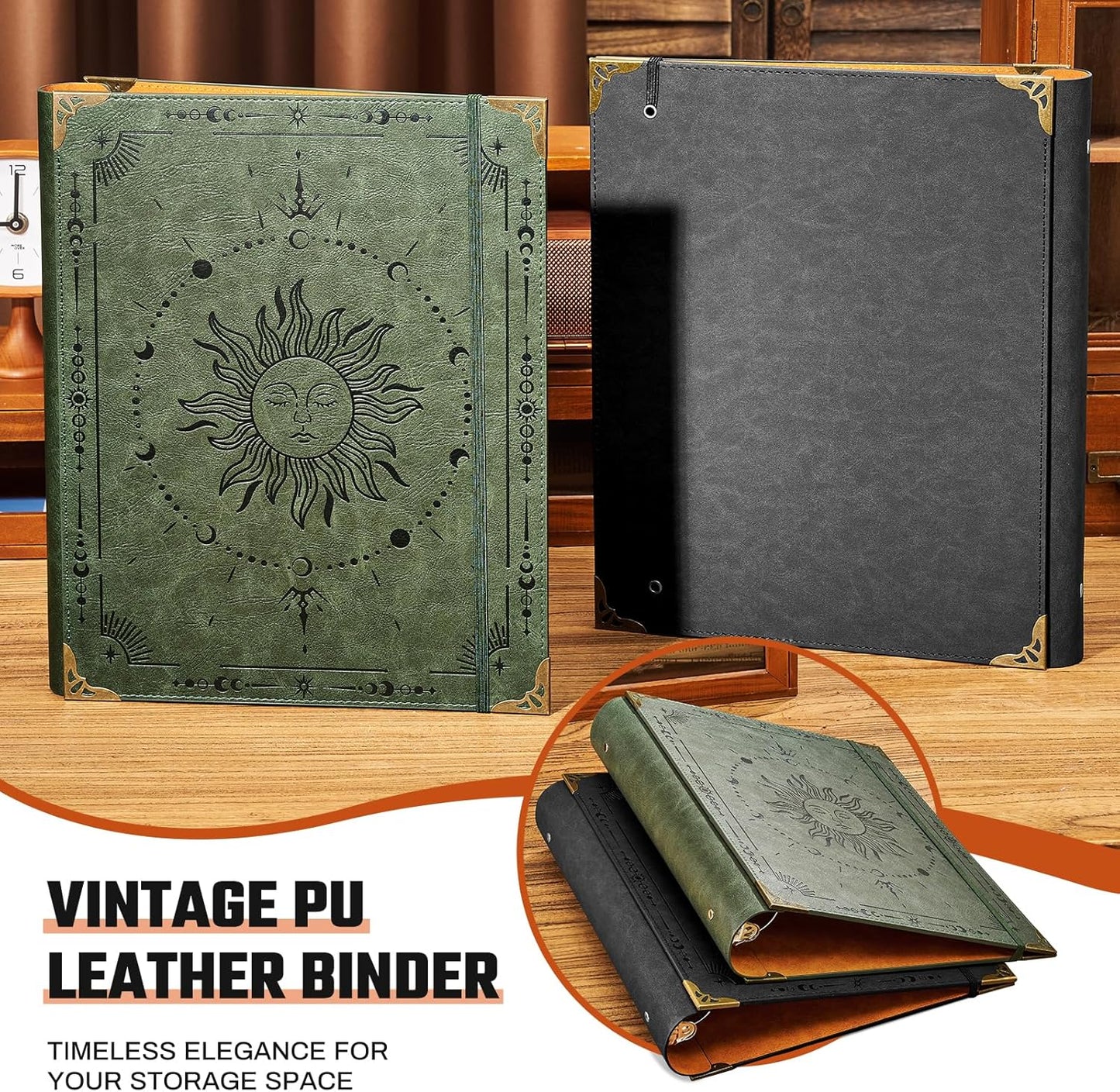 Ovesmusl Leather 3 Ring Binder Fits 8.5"x11" Letter Size Paper, 1 Inch Round Ring Binder Holds 200 Sheets, Notebook Cover Loose Leaf Organizer, Green Tree