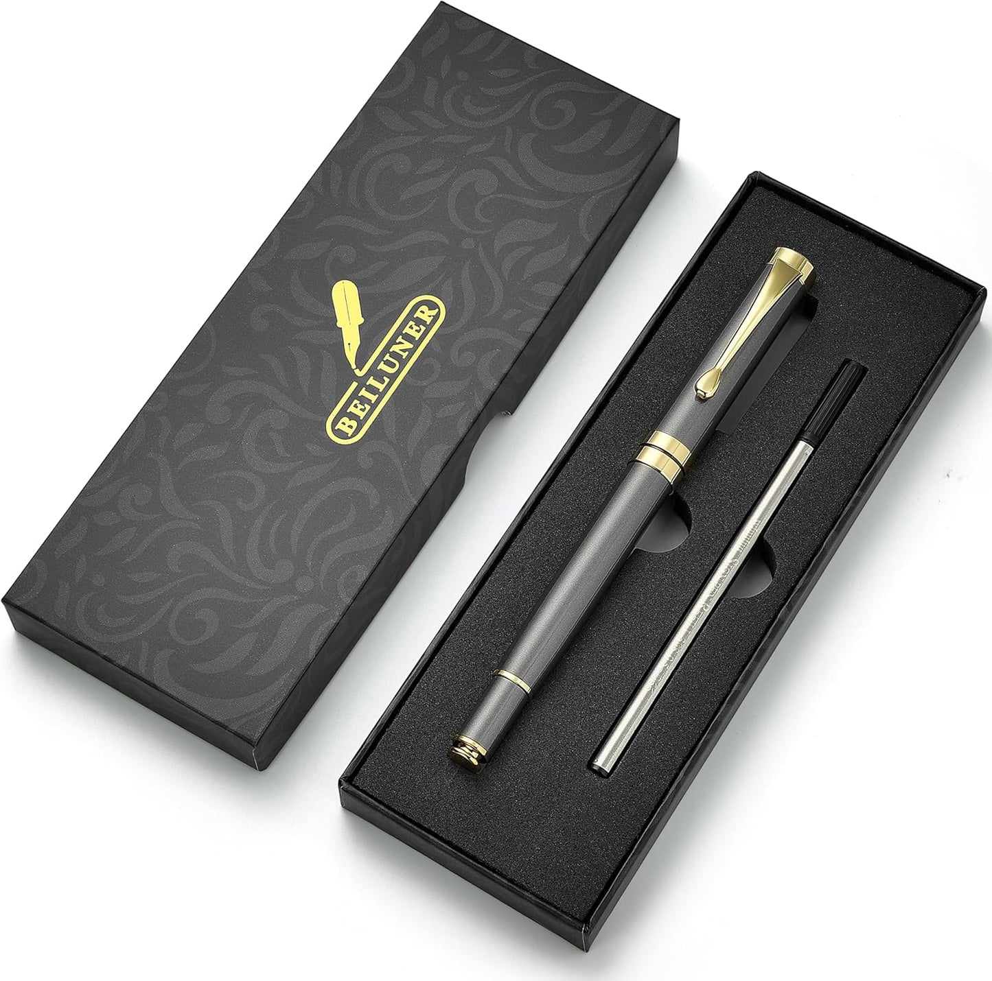 BEILUNER Ballpoint Pens, Stunning Black Chrome Metal Pen with Golden Trim, Best Ball Pen Gift Set for Men & Women, Professional, Executive, Office, Nice Pens-Gift Box with 0.5mm Black Extra Refill