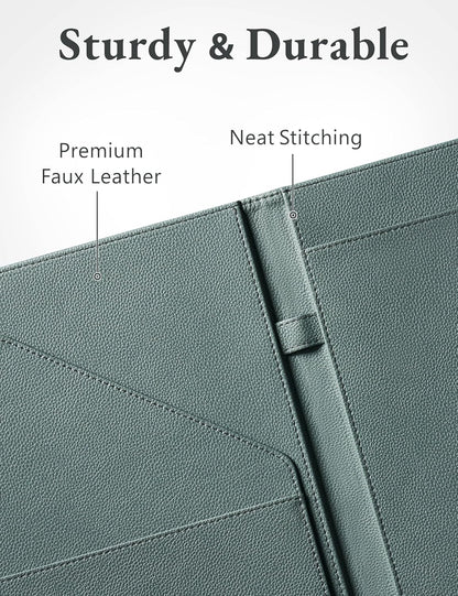 Mymazn Padfolio Portfolio Folder, Faux Leather Interview Resume Folder with Document Organizer & Business Card Holder, Letter-Sized Notepad Legal Pad Holder for Men Women (Sage Green)