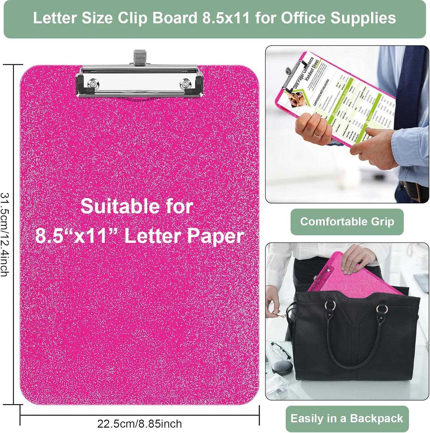 SFLHHDM 1 Pcs Clear Glitter Clipboards, Plastic Clipboard with Pen Holder, Size 8.85 x 12.4 in Shiny Clipboards with Low Profile Clip, Cute Hanging Clipboard for Office School Sparkly Clip Board-Pink