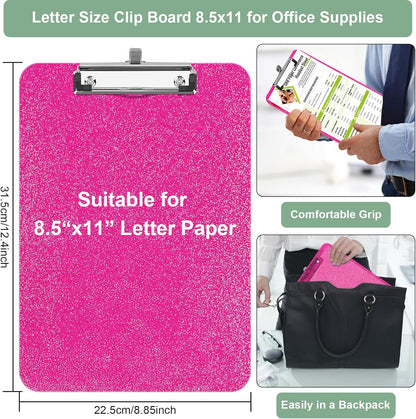 SFLHHDM 1 Pcs Clear Glitter Clipboards, Plastic Clipboard with Pen Holder, Size 8.85 x 12.4 in Shiny Clipboards with Low Profile Clip, Cute Hanging Clipboard for Office School Sparkly Clip Board-Pink