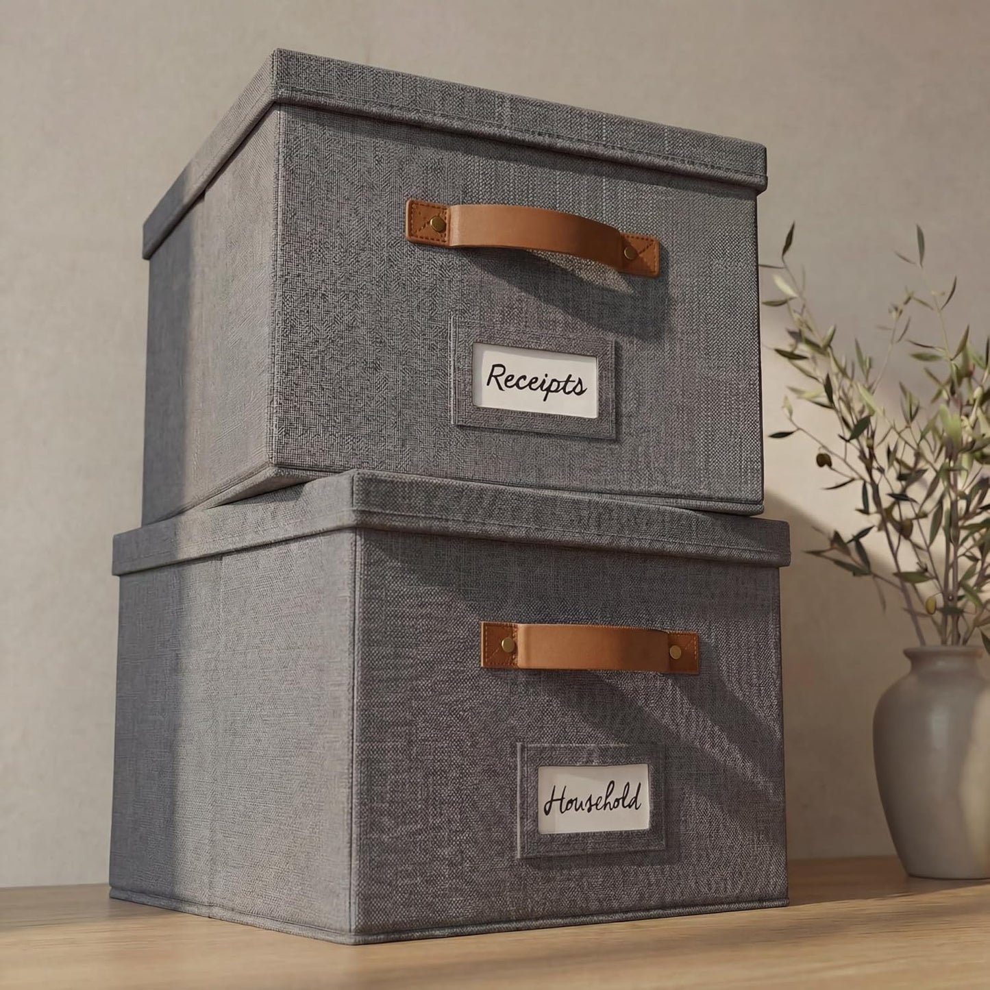 ZICOTO Decorative File Organizer Box Set of 2 - Collapsible Linen Filing Cabinets with Handles Are Perfect to Store All Your Documents & Hanging File Folders - Portable Easy Slide Crates with Lid