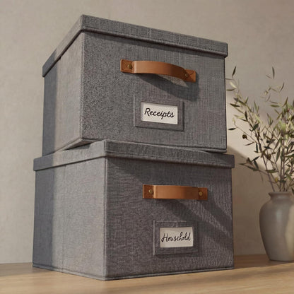 ZICOTO Decorative File Organizer Box Set of 2 - Collapsible Linen Filing Cabinets with Handles Are Perfect to Store All Your Documents & Hanging File Folders - Portable Easy Slide Crates with Lid