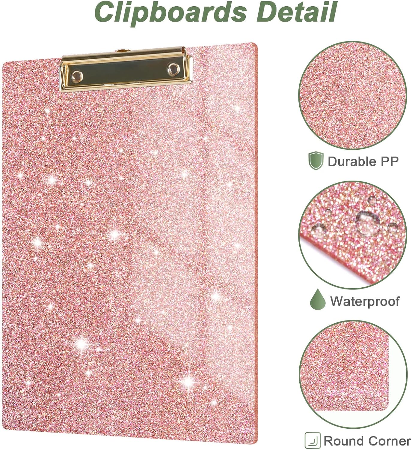 Rimilak Acrylic Glitter Clipboards, Sparkly Board with Low Profile Gold Clip, Designed for Classroom School and Office Use, A4 Letter Size 9 x 12.5 in, Pink