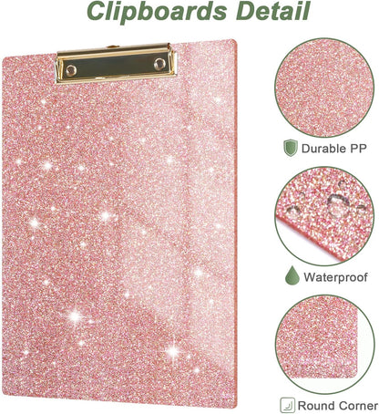Rimilak Acrylic Glitter Clipboards, Sparkly Board with Low Profile Gold Clip, Designed for Classroom School and Office Use, A4 Letter Size 9 x 12.5 in, Pink