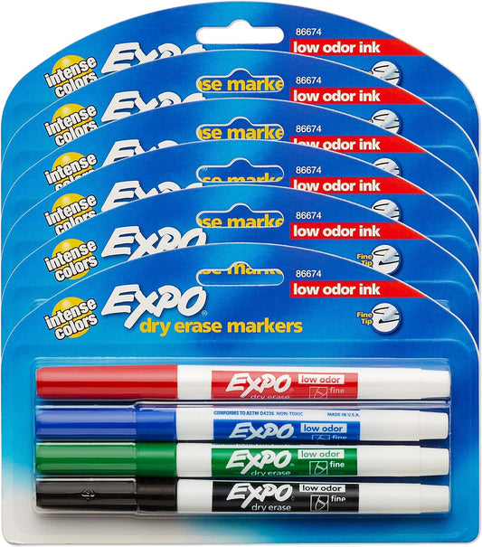 EXPO Low Odor Dry Erase Markers, Fine Tip, Assorted Colors, 6 Packs of 4 (24 Count)