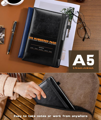 Lined Journal Notebook for Women Men, 256 Numbered Pages Hardcover Leather Journals for Writing, A5 Journaling Notebooks, College Ruled Journal for Business Work School Note Taking 5.75" x 8.38" Brown