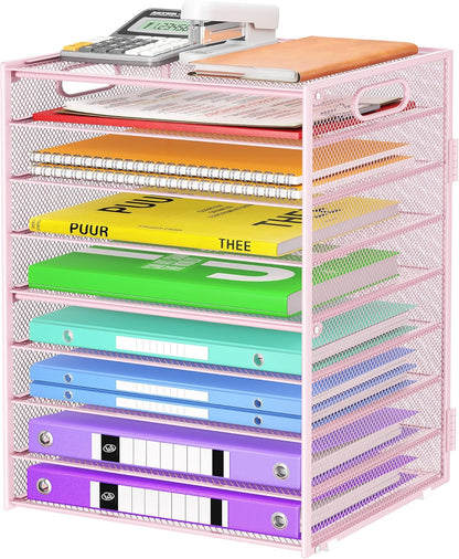 Cawukege 9 Tier Paper Organizer with Handle, Black Large Capacity Desk Organizer Mesh File Folder Letter Paper Tray Desktop Document Sorter for Classroom, School, and Office Accessories Organization