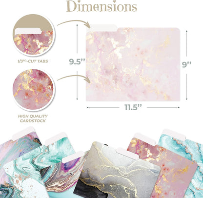 Better Office Products Decorative File Folders, 12 Pack, 6 Designs, Heavyweight, Letter Size (9.5" x 11.5") with 1/3 Cut Tab, Marble Designs, Fashion Folders