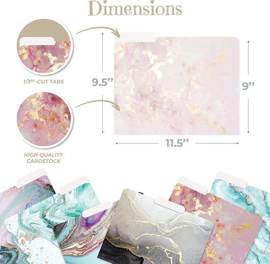 Better Office Products Decorative File Folders, 12 Pack, 6 Designs, Heavyweight, Letter Size (9.5" x 11.5") with 1/3 Cut Tab, Marble Designs, Fashion Folders