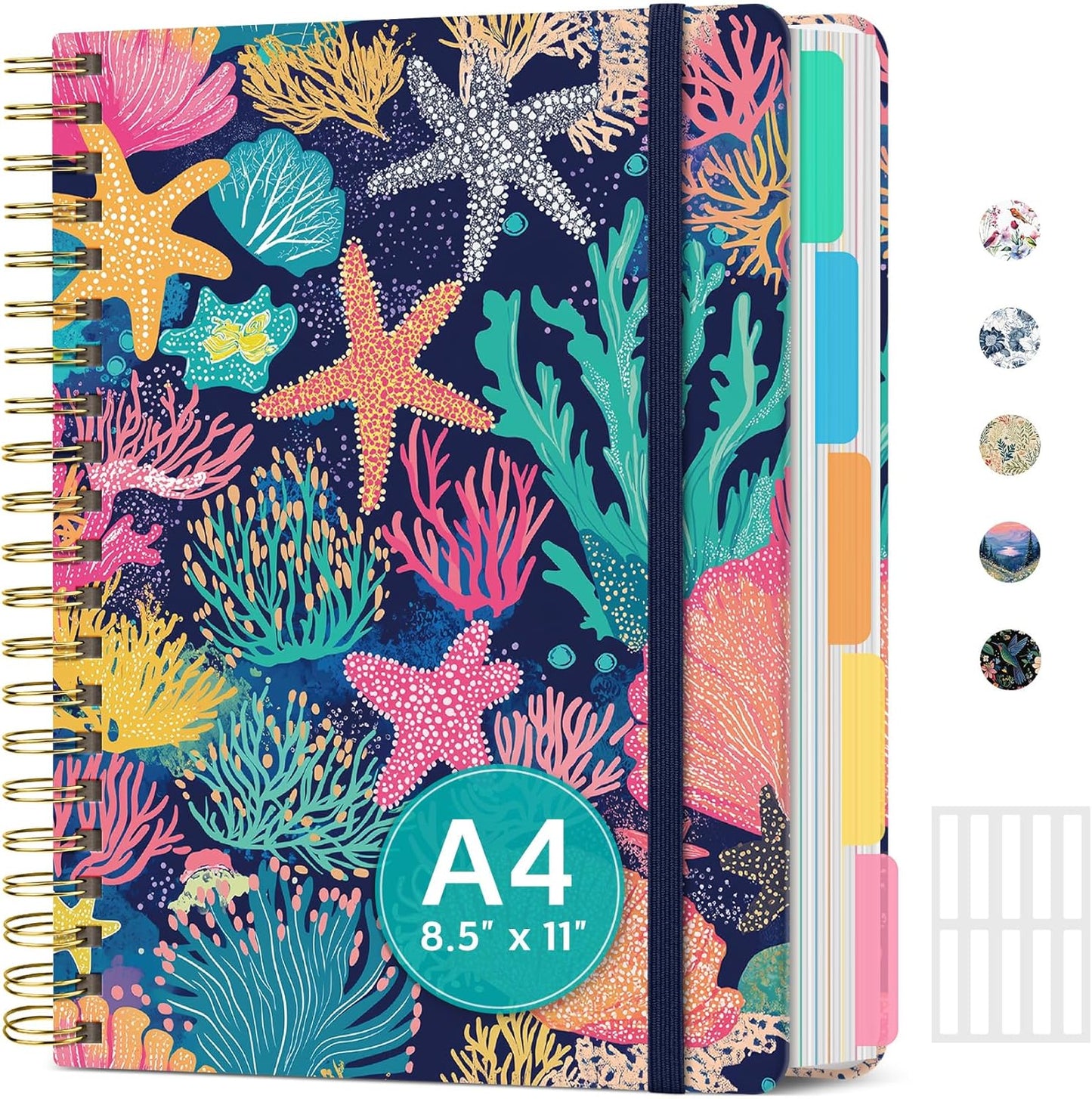 Large Lined Spiral Journal for Women Cute Hardcover 5 Subject Notebook for Work 8.5" x 11" with Removable Dividers & Tabs, College Ruled, 280 Pages Aesthetic Journal for Work, School & Note Taking, Garden of Whimsy