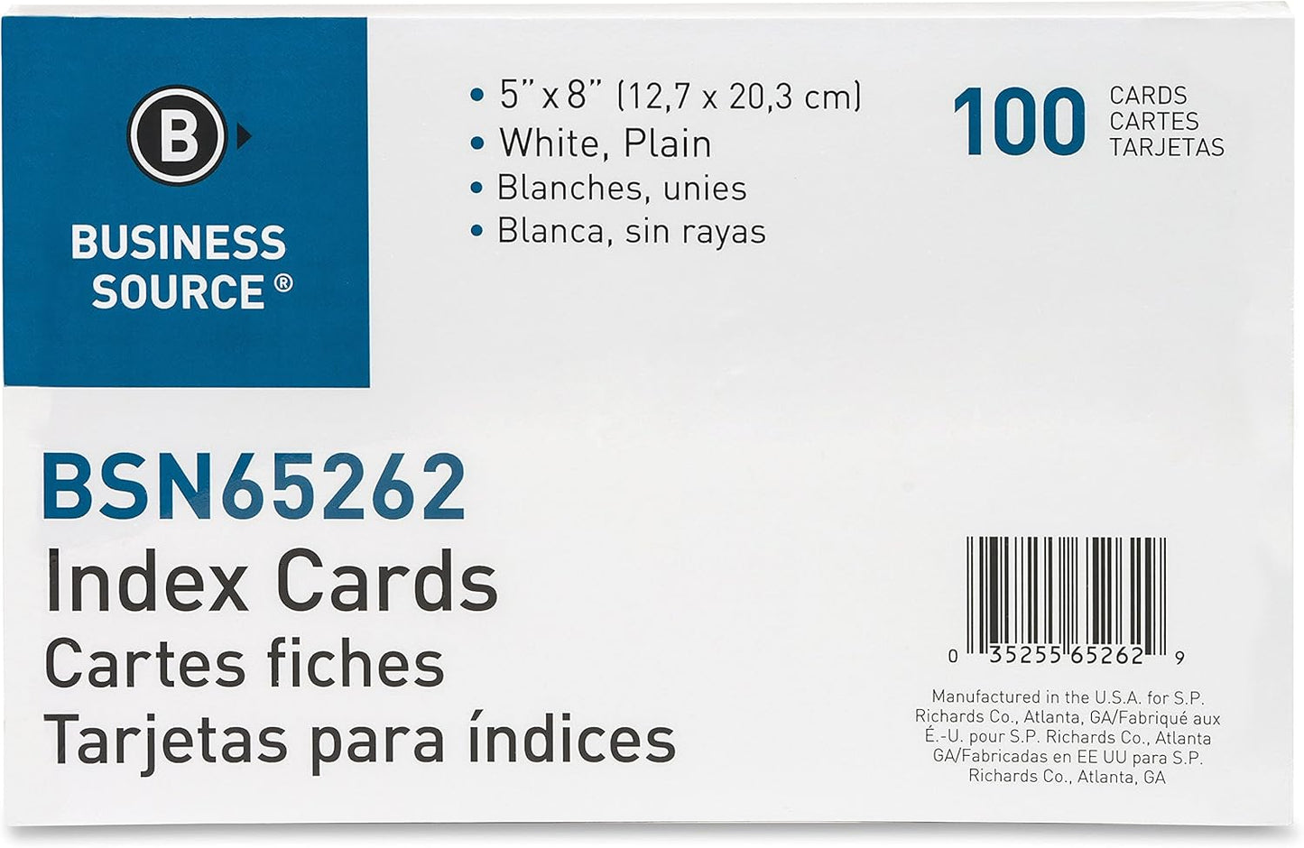 Business Source Plain Index Cards, White, 5 X 8