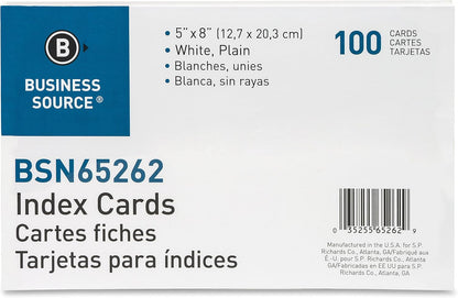 Business Source Plain Index Cards, White, 5 X 8