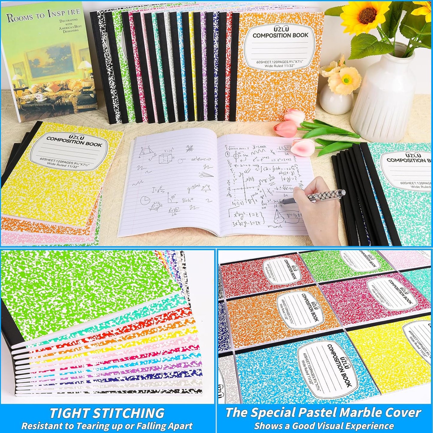 24 Pack 9.75 x 7.5 in Large Composition Notebooks Bulk 12 Color Wide Ruled Composition Books Marble Journal Notebook 60 Sheets per Book for Aldult Student College Office Back to School Supplies