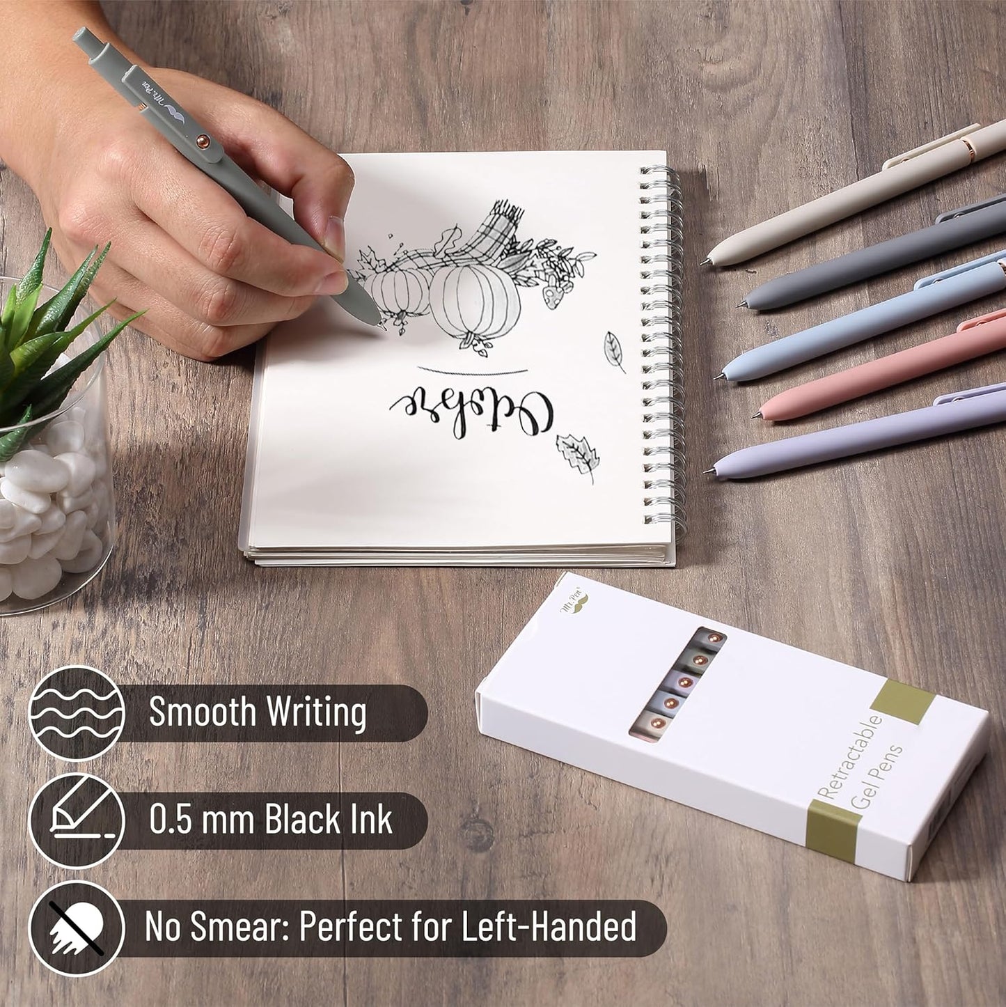 Mr. Pen- Retractable Gel Pens, 12 Pack, Morandi and Vintage Barrels, Fast Dry, Black Gel Pens Fine Point 0.5mm, Aesthetic Pens for Journaling