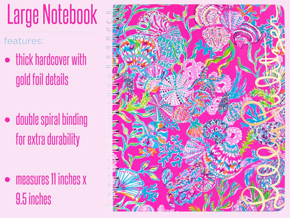 Lilly Pulitzer Large Blue Hardcover Spiral Notebook, 11" x 9.5" with 160 College Ruled Pages, Cabana Cocktail