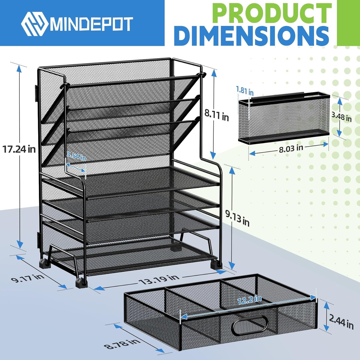 MINDEPOT 4-Tier Paper Organizer + 3-Pocket File Holder + Drawer + Pen Holders, Desktop File Organizers Paper Tray for Office Supplies School Classroom Organization (Black, No Drawer & Pen Holder)