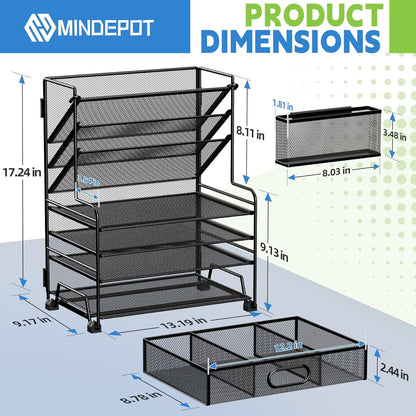 MINDEPOT 4-Tier Paper Organizer + 3-Pocket File Holder + Drawer + Pen Holders, Desktop File Organizers Paper Tray for Office Supplies School Classroom Organization (Black, No Drawer & Pen Holder)
