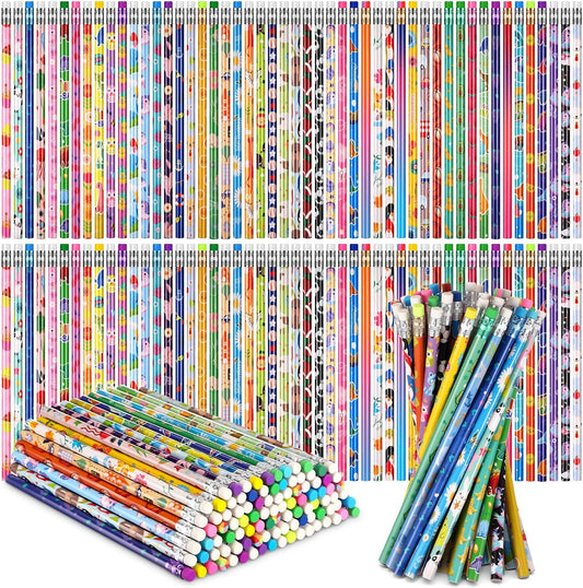 Sabary 100 Pcs Assorted Wood Pencil Bulk 50 Styles #2 HB Colorful Novelty Fun Dinosaur Animals Fruits Sports Pencils with Erasers for Teacher Reward