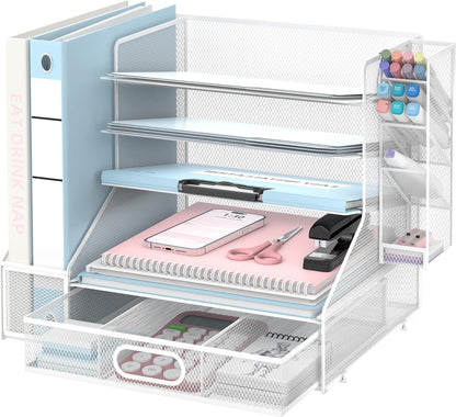 SUPEASY Desk Organizer with File Holder, 5-Tier Mesh Paper Letter Tray Organizer with Pen Holder and Drawer, Desktop Organizer and Storage with 3 Tilted File Sorter for Office Supplies, Blue