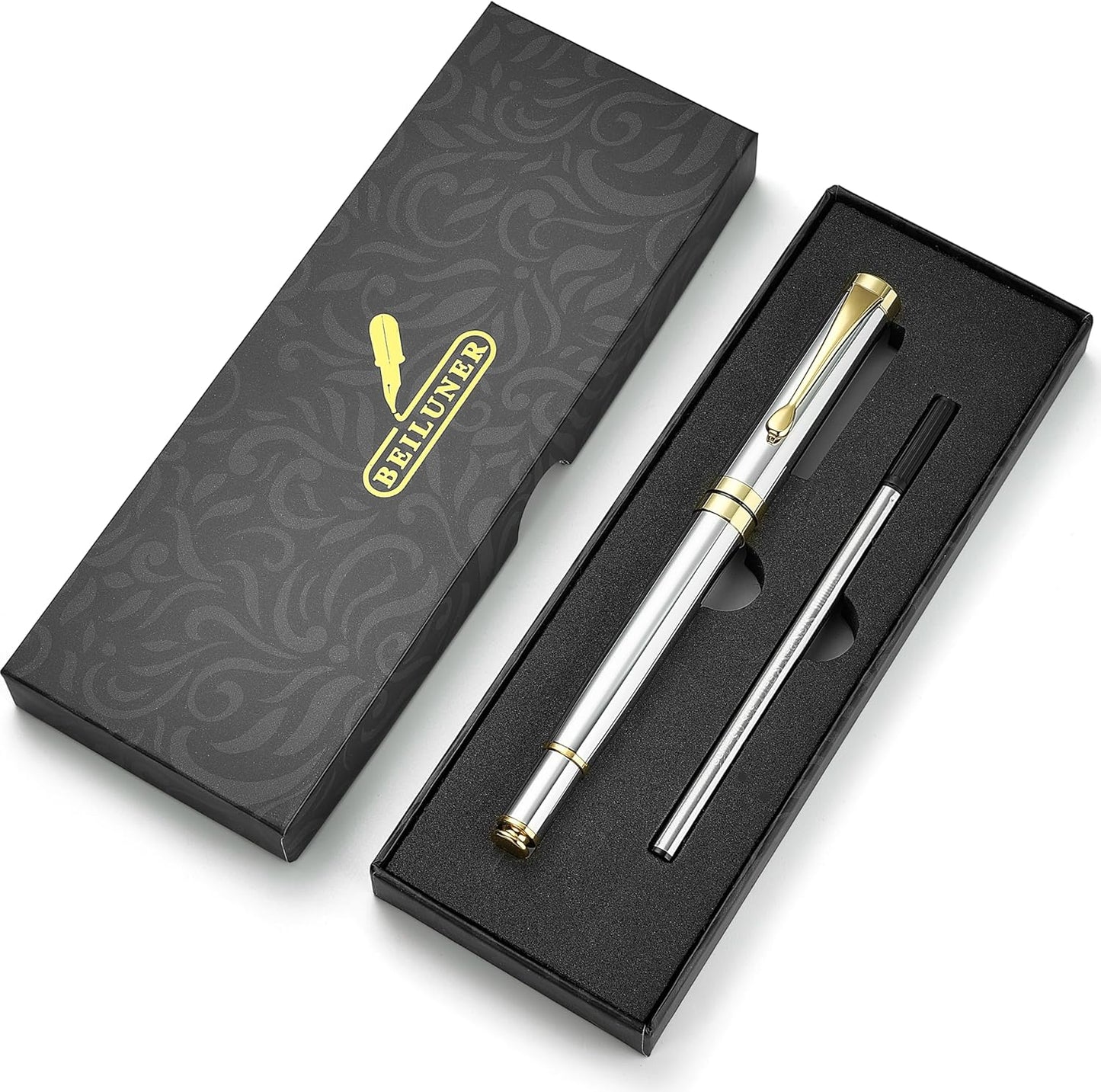 BEILUNER Ballpoint Pens, Stunning Black Chrome Metal Pen with Golden Trim, Best Ball Pen Gift Set for Men & Women, Professional, Executive, Office, Nice Pens-Gift Box with 0.5mm Black Extra Refill