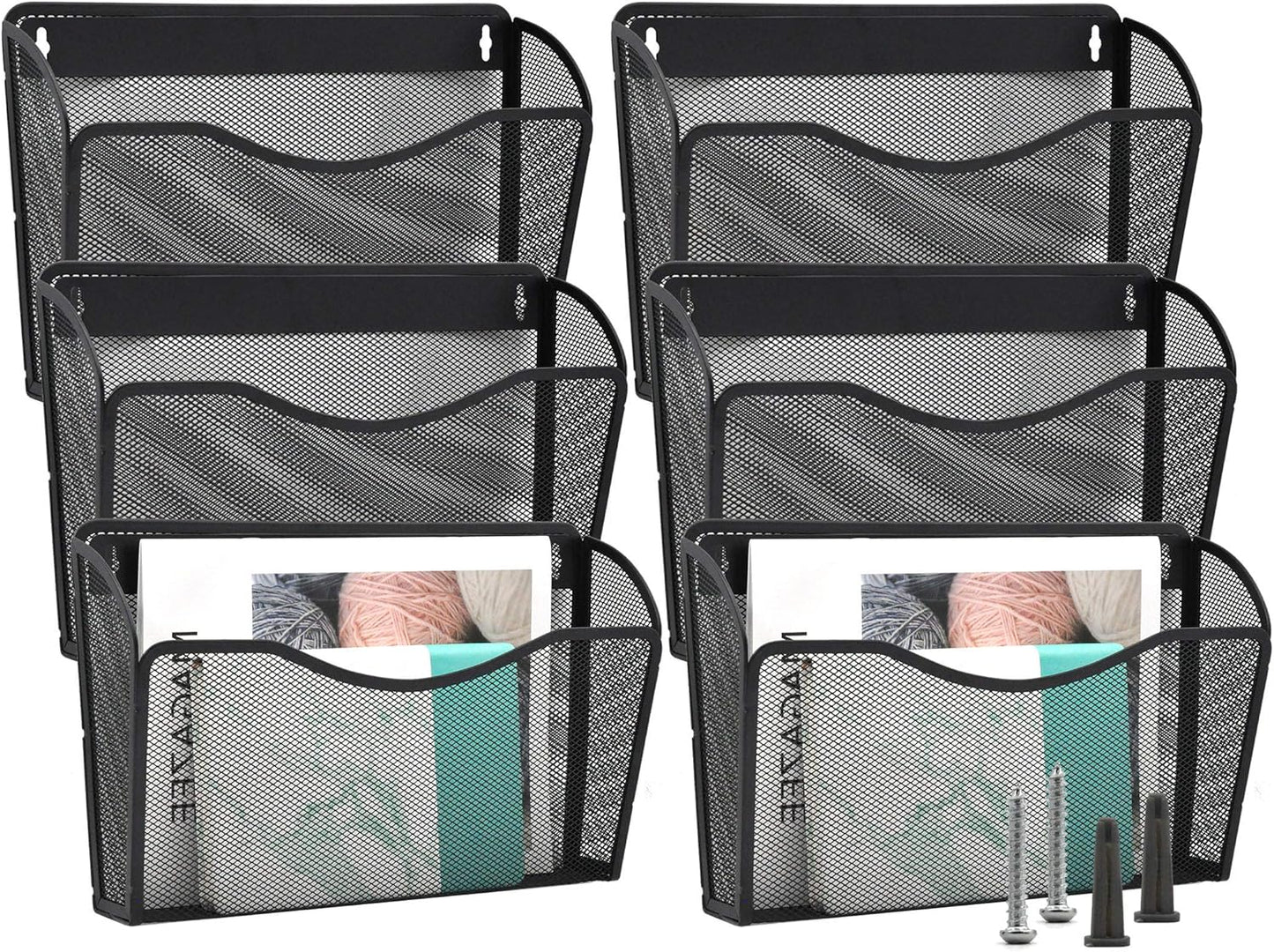 EASEPRES 3 Single Pocket Mesh Hanging File Organizer, Vertical Wall Mounted Magazine File Holder, Mount Basket Mail Paper Document Folder Organizing for Office, Home and School, Black