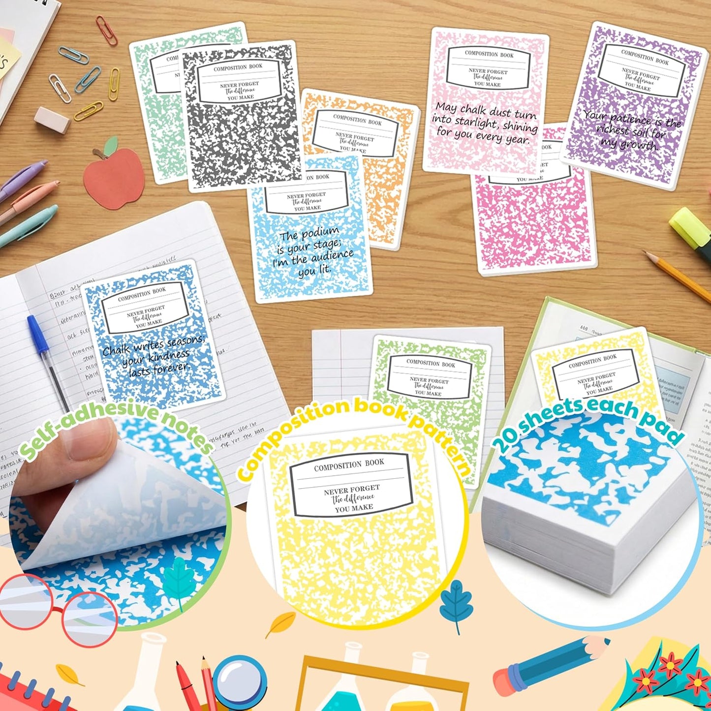 CJiangpo 90Pcs Teacher Sticky Notes Pads, Thank You Teacher Appreciation Gifts 1800 Sheets Self Stick Notepad Memo Pads Composition Book Shape Page Marker School Office End of Year Party Supplies