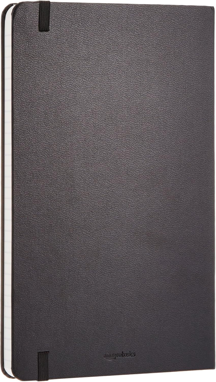 Amazon Basics Classic Lined Writing Notebook for Note Taking and Journaling, Hardcover with Elastic Closure, 240 Pages, 5" x 8.25", Black