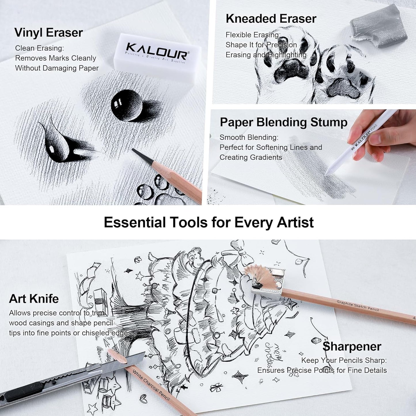 KALOUR 29 Pro Sketching Drawing Pencils Set with Roll-Up Nylon Case – 14 Graphite Pencils (14B–5H), Charcoal Pencils, Erasers, Sharpener & Stumps – Complete Art Kit for Artists & Beginner