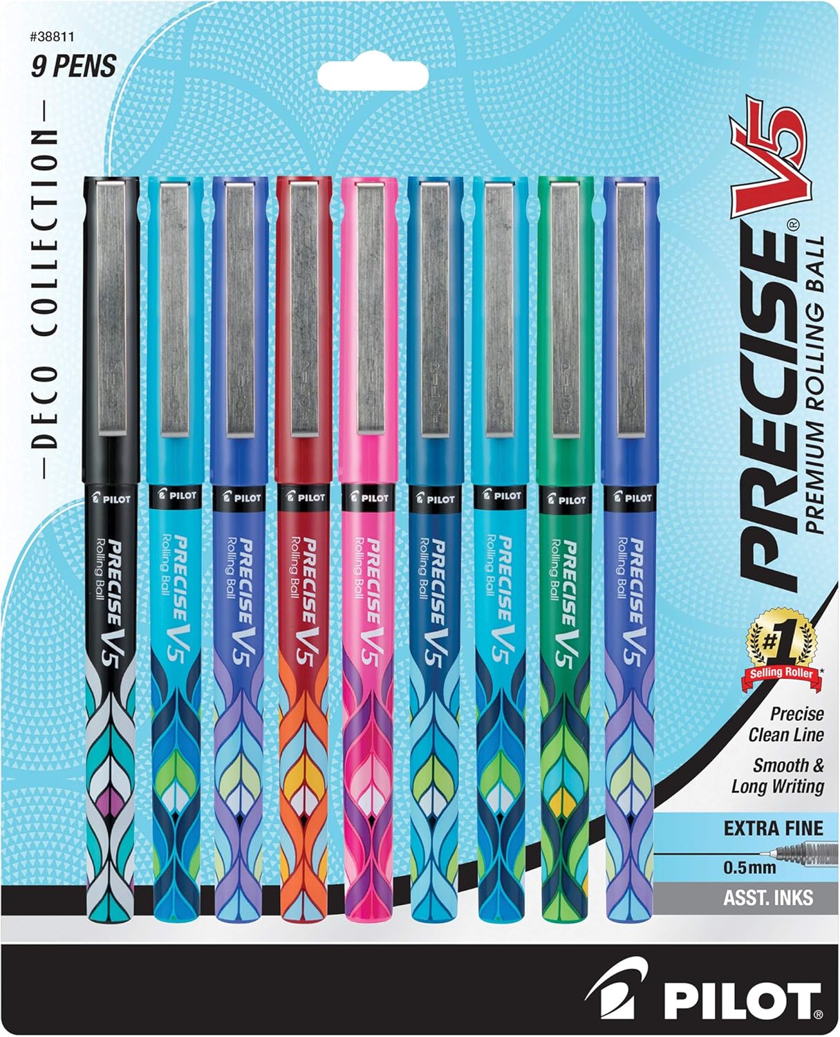 PILOT Precise V5 Stick Deco Collection Liquid Ink Rolling Ball Stick Pens, Extra Fine Point (0.5mm) Assorted Ink Colors, 9-Pack (38811)