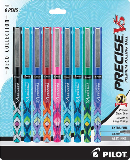 PILOT Precise V5 Stick Deco Collection Liquid Ink Rolling Ball Stick Pens, Extra Fine Point (0.5mm) Assorted Ink Colors, 9-Pack (38811)