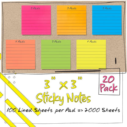 Better Office Products Lined Sticky Notes 3 x 3, 20 Pack Box, 2,000 Sheets (100/Pad), Self Stick Notes with Lines, Bright Assorted Colors, Post Memos, Strong Adhesive, 20 Pads in Box
