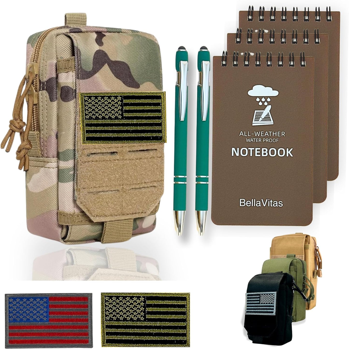 Tactical Molle Pouch Small Notebook Cover EDC Utility Bag Tool Pouch Gadget Organizer Military Waist Bag with US Flag Patch, 3”x5” Waterproof Notepad Pocket Notebook and Weatherproof Pen